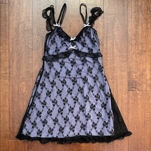 Zemeta Revolve Coquette Black and Purple Lace Bow Chemise Mini Dress, Size S